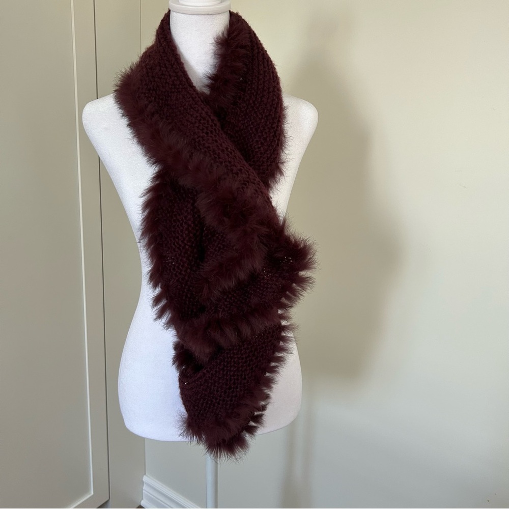 Infinity Scarf Circule Loop Tube Knit with Faux Fur Burgundy Maroon Wine Red